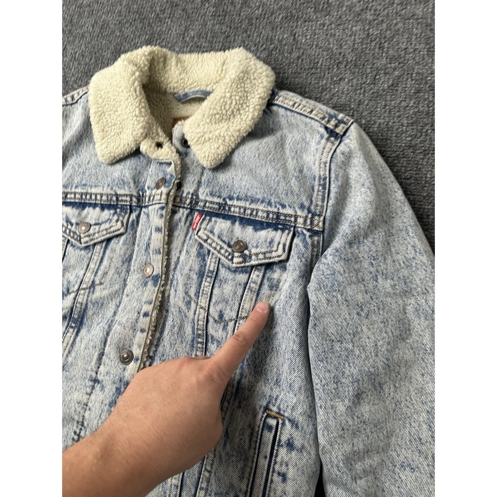 Womens Sherpa Lined Levi's Premium Denim Trucker Jacket Blue, Size S - Picture 10 of 11